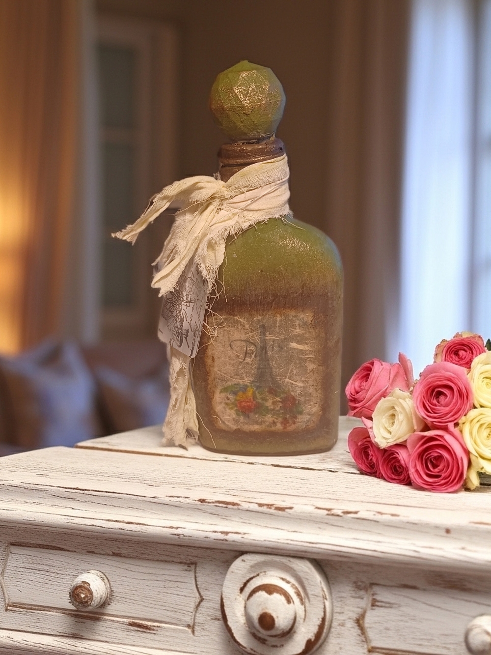 Decorative Olive Green Distressed Bottle with Linen Scarf
